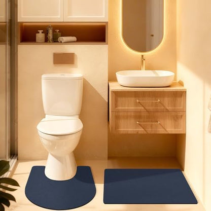 ACCUMTEK Non Slip Bath Mat, Thin Bathroom Rugs Fit Under Door, Quick Dry Bath Mats, Machine Washable Bath Rugs for Bathroom, Bathtub & Kitchen, Bathtub, Dark Blue/Solid/2 Piece