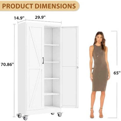71" Metal Garage Storage Locker Cabinet with Wheels,Rolling White Farmhouse Kitchen Pantry Cabinet with 2 Doors and 4 Adjustable Shelves, Steel File Tool Cabinet for Home Office Warehouse