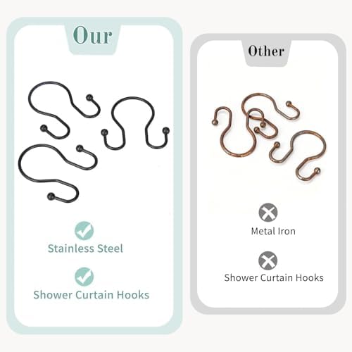 Goowin Shower Curtain Hooks, 12 Pcs Shower Curtain Rings, Stainless Steel Shower Curtain Hangers, Black Shower Curtain Hooks Rings Rust Proof, Minimalist Shower Hooks for Shower Curtain, Black