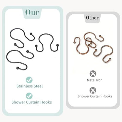 Goowin Shower Curtain Hooks, 12 Pcs Shower Curtain Rings, Stainless Steel Shower Curtain Hangers, Black Shower Curtain Hooks Rings Rust Proof, Minimalist Shower Hooks for Shower Curtain, Black