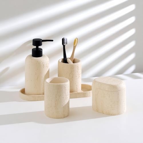 Bathroom Accessories Set, Travertine Stone Look, 5 PCS, Yellow