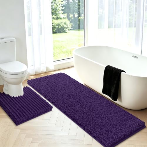 Upgrade Luxury 2 Piece Dark Purple Toilet Bathroom Rug Mat U Shape 24"x20"+48"x20", Ultra Soft Thick Absorbent Bath Mats, Non Slip Chenille Toilet Mat for Bathroom, Bedroom, Kitchen, Shower, Tub