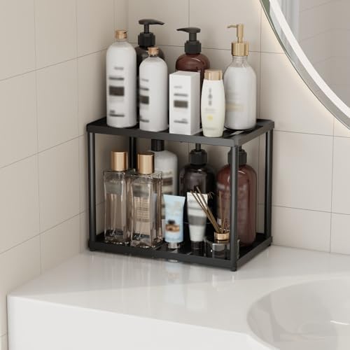 2 Tier Bathroom Counter Organizer, Rectangular Vanity Organizer Shelf, Skincare and Makeup Countertop Storage Rack for Kitchen, Bathroom, Bedroom, Black