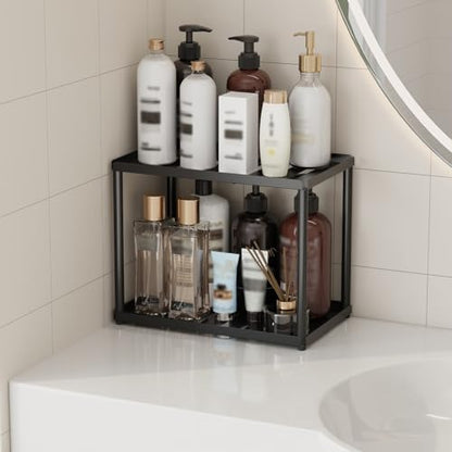 2 Tier Bathroom Counter Organizer, Rectangular Vanity Organizer Shelf, Skincare and Makeup Countertop Storage Rack for Kitchen, Bathroom, Bedroom, Black