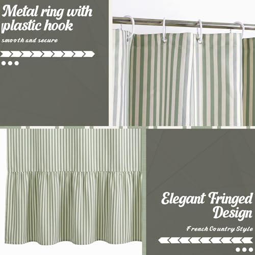 HunnmingRe Sage Green Farmhouse Striped Shower Curtain Ruffle Hem 72x72''