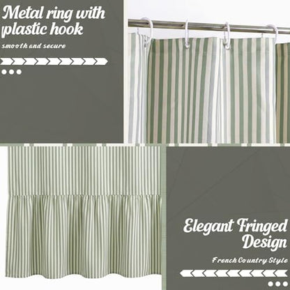 HunnmingRe Sage Green Farmhouse Striped Shower Curtain Ruffle Hem 72x72''