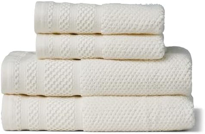 Texere 100% Organic Cotton Rice Weave Jacquard 700 GSM Luxury Bath Towel Sets - Ultra Soft and Absorbent Hotel and Spa Quality (Rice Weave, Cream, 2 Hand & 2 Face Towels)