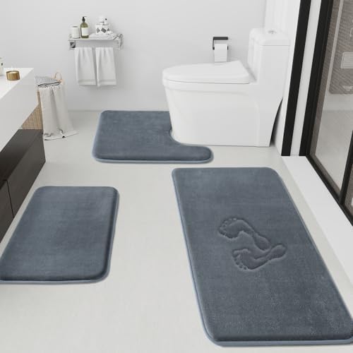 HUXMEYSON Bathroom Rugs Sets 3 Piece, Non-Slip & Quick Dry Bath Mat Set, Ultra Soft Velvet Bath Rugs for Bathroom, Toilet and Shower Floor, Grey