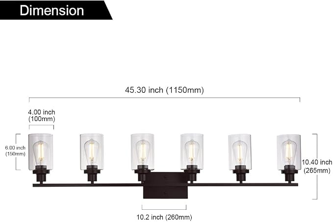 MELUCEE 6-Light Bathroom Vanity Light Fixture Vintage Oil Rubbed Bronze | Industrial Wall Sconce Lighting with Clear Glass Shade for Living Room Bedroom Kitchen (Patent No.: US D963914 S) 45.3 Inch