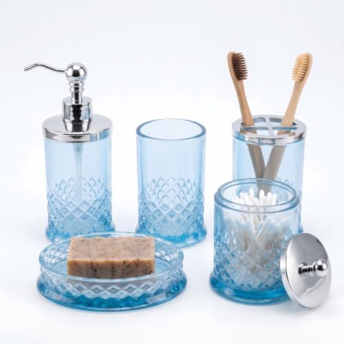 JKE Bathroom Accessories Set, 5-Piece Set with Vintage-Style Thick Glass Soap Dispenser, Toothbrush Holder, Soap Dish, and Cotton Swab Jar, Suitable for Bathroom Countertops, Blue