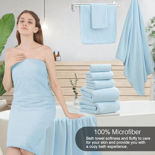 Hailea 18 Piece Family Bath Towel Set Include 6 Bath Towels,6 Hand Towels and 6 Washcloths Soft Bathroom Towel with Hanging Loops,Highly Absorbent Quick Dry Towels Set for Bathroom,Hotel and Spa-Blue