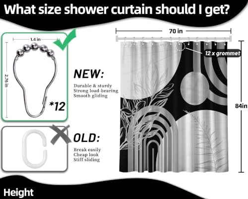 Grey and White Extra Long Shower Curtain, Tall 72X84 in, Mid Century