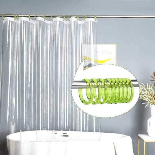 Green Shower Curtain Hooks - 12 Pcs Circular Plastic Shower Curtain Rings for Bathroom - O Shaped Transparent Green Shower Hooks Rings for Shower Curtain Rod