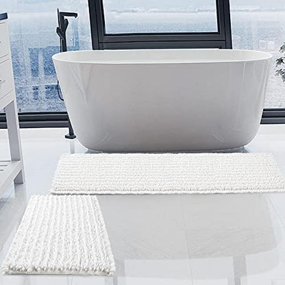 Luxury Chenille White Bathroom Rugs Sets 2 Piece, Thickened Hot Melt Rubber Bottom Bath Mats for Bathroom Non Slip,Bath Rugs Quick Dry Machine Washable for Shower Mat (47"x17"+17"x24")
