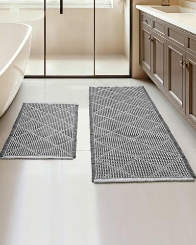 Waffle Bath Mat Set, Non Slip Bathroom Rugs 2 Piece, Gray & Light Gray