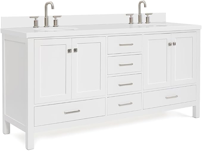 ARIEL Cambridge 72-inch Bathroom Vanity with Sink,Solid Wood, 1.5-inch Pure White Quartz Countertop & Backsplash, Double Oval Porcelain Sink, 4 Soft Closing Doors, 6 Dovetail Drawers, White