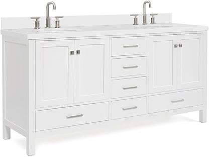 ARIEL Cambridge 72-inch Bathroom Vanity with Sink,Solid Wood, 1.5-inch Pure White Quartz Countertop & Backsplash, Double Oval Porcelain Sink, 4 Soft Closing Doors, 6 Dovetail Drawers, White
