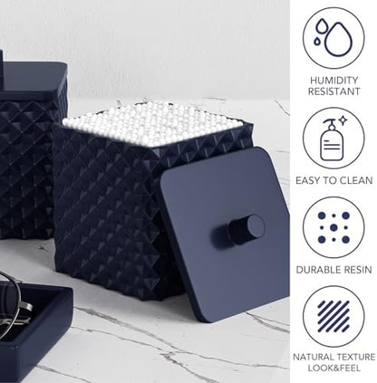 Bathroom Accessories Set Resin 6PCS, Square Toothbrush Holders Set Complete with Soap Dispenser, Vanity Tray, Tumbler, Cups and Cotton Swab Jars (Navy Diamond, Resin Bath 6 PCS)