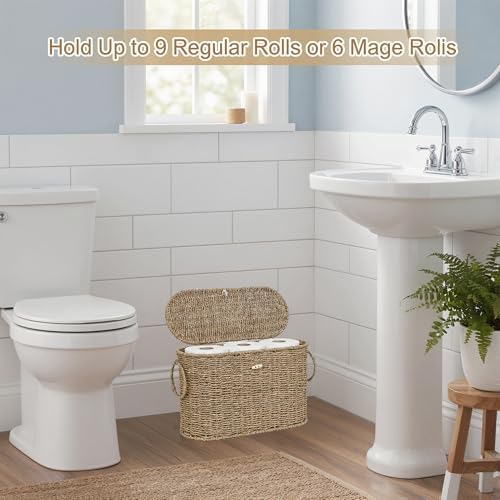 efluky Toilet Paper Storage Basket, Seagrass Slim Toilet Paper Holder with Lid- Holds Up to 9 Mega Rolls, Home Bathroom Decor Organizer
