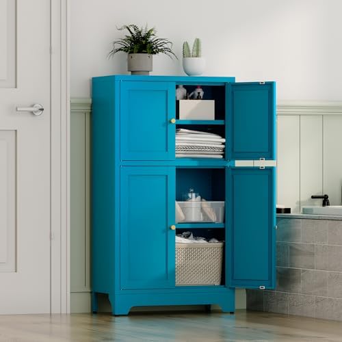YAUWOH Blue Bathroom Floor Cabinet, Metal Storage Cabinet with 2 Adjustable Shelves & 4 Doors,Freestanding Sideboard for Dining Room,Living Room, Home Office