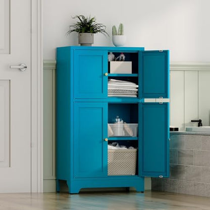 YAUWOH Blue Bathroom Floor Cabinet, Metal Storage Cabinet with 2 Adjustable Shelves & 4 Doors,Freestanding Sideboard for Dining Room,Living Room, Home Office