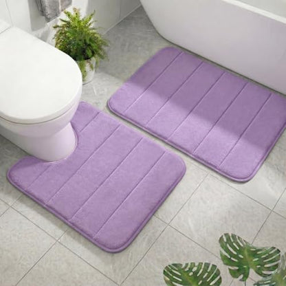 2 Piece Memory Foam Bath Mat Set, Extra Soft Absorbent Bathroom Rugs with U-Shaped Toilet Rug, Non-Slip Backing, Machine Washable, 24x16 + 20x20 U-Shaped, Lavender