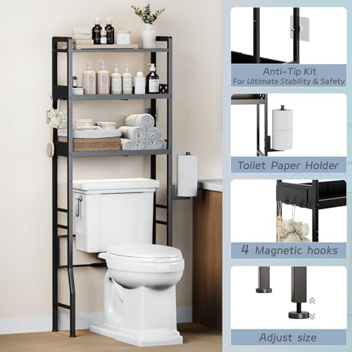 Over the Toilet Storage Shelf 3-Tier Adjustable Bathroom Organizers and Storage Shelves Bathroom Rack Above Toilet Storage with Paper Holder and 4 Hooks Space Saver Storage for Laundry