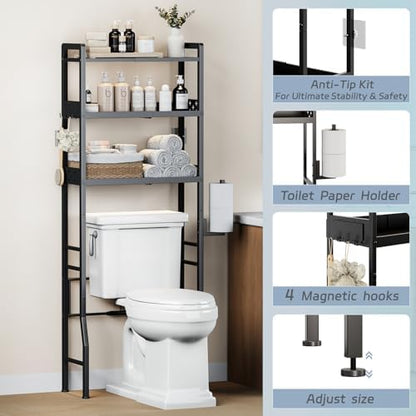 Over the Toilet Storage Shelf 3-Tier Adjustable Bathroom Organizers and Storage Shelves Bathroom Rack Above Toilet Storage with Paper Holder and 4 Hooks Space Saver Storage for Laundry