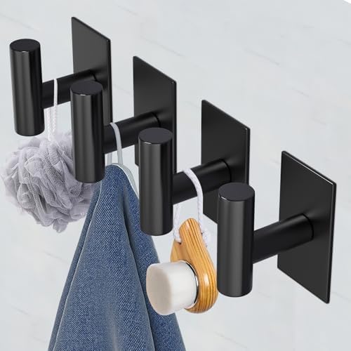 VAEHOLD Wall Towel Hooks, Heavy Duty Sticky Holder Waterproof Towel Hooks for Hanging Coat, Clothes, Closet Hook Wall Mount for Kitchen (Black, 6 Pack)