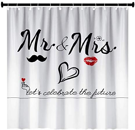 Mr Mrs Shower Curtain for Lover Couples Wedding Bridal Bathroom, Fabric Bath Decor Curtain Set with Hooks 71X71 Inches (Black and White)