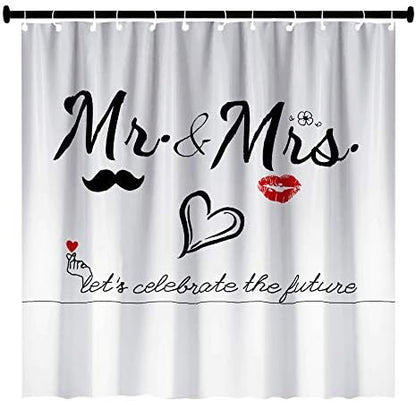 Mr Mrs Shower Curtain for Lover Couples Wedding Bridal Bathroom, Fabric Bath Decor Curtain Set with Hooks 71X71 Inches (Black and White)