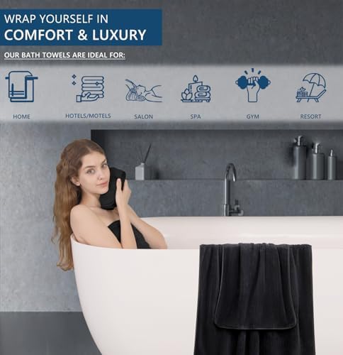 18 Piece Bath Towels Set,Super Soft Family Bathroom Towel Set with Hanging Loops-6 Bath Towels,6 Hand Towels,6 Washcloths,Highly Absorbent Quick Dry Shower Towel for Bathroom,Hotel,Spa-Black Towel Set