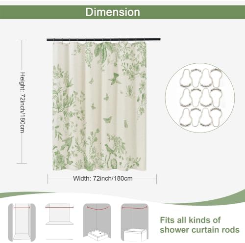 ORTIGIA Linen Shower Curtain Farmhouse Vintage Cottagecore Sage Green Birds Floral Shower Curtains Spring Summer Boho Rustic Decor for Bathroom 72 W x 72 L
