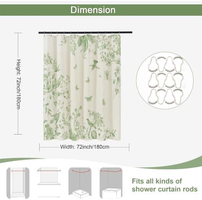 ORTIGIA Linen Shower Curtain Farmhouse Vintage Cottagecore Sage Green Birds Floral Shower Curtains Spring Summer Boho Rustic Decor for Bathroom 72 W x 72 L