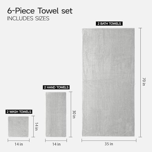 REDKISS 6-Piece Microfiber Bath Towel Set, Ultra Soft, Highly Absorbent & Quick Dry, 35x70 Inch Oversized, Light Gray Towels for Bathroom, Spa, Gym, 2 Bath 2 Hand 2 Washcloths