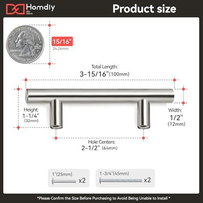 homdiy 10 Pack |Cabinet Handles Brushed Nickel Cabinet Pulls Cabinet Hardware 2-1/2in Hole Centers Drawer Pulls Kitchen Cupboard Euro T Bar Dresser Pulls 201SN