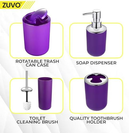 Bathroom Accessories Set 6 Piece -(Trashcan, Soap Dispenser, Toothbrush Holder, Soap Dish,Toilet Brush) for Decorative Countertop and Housewarming Gift (Purple)