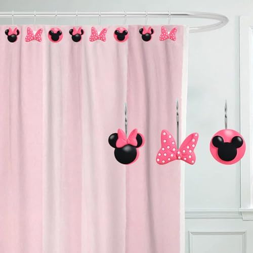 12-Piece Pink Mouse Shower Curtain Hooks for Bathroom