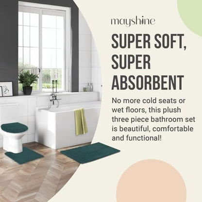 Standard 3pc Set Chenille Bath Mats, Includes 21"x24" U-Shaped Contour Toilet Rug, 21"x34" Inches Bathmat and 1 Toilet Lid Cover, Plush Absorbent Bath Mats Quick Dry, Teal