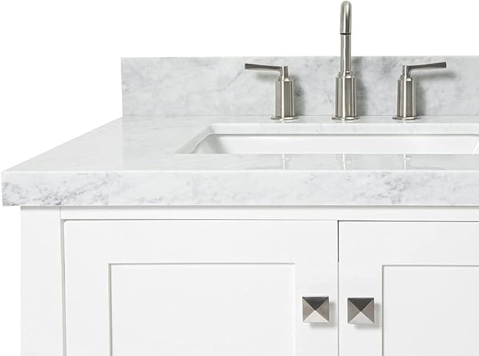 ARIEL Cambridge 42-inch Bathroom Vanity with Sink,Solid Wood, 1.5-inch Italian Carrara Marble Countertop, Single Rectangular Porcelain Sink, 2 Soft Closing Doors, 5 Dovetail Drawers, White