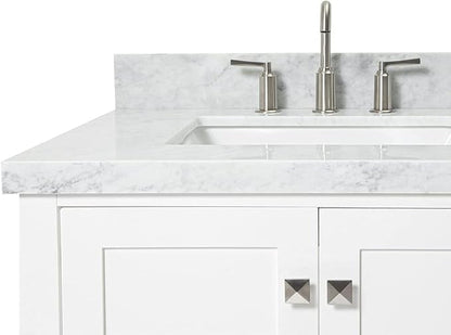 ARIEL Cambridge 42-inch Bathroom Vanity with Sink,Solid Wood, 1.5-inch Italian Carrara Marble Countertop, Single Rectangular Porcelain Sink, 2 Soft Closing Doors, 5 Dovetail Drawers, White