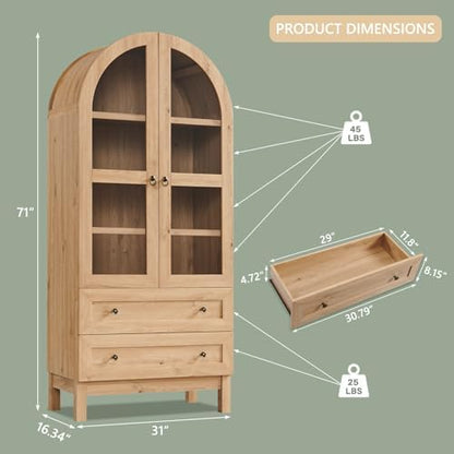 71" Tall Arched Bathroom Storage Cabinet, 4-Tier Wooden Bathroom, Natrual