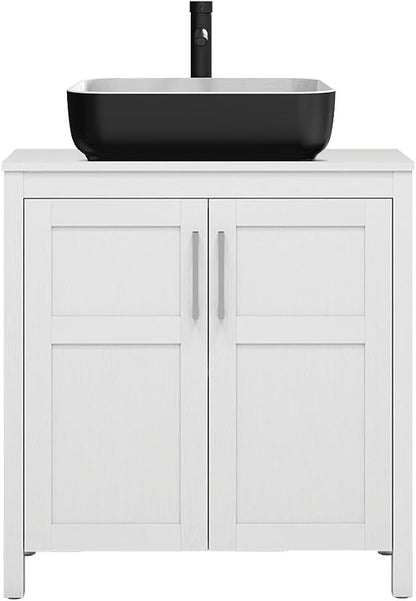 YOURLITE 30" Bathroom Vanity with Sink, White Bathroom Vanity with Faucet & Pop Up Drain Set,Traditional Vanity with with White & Black Ceramic Sink