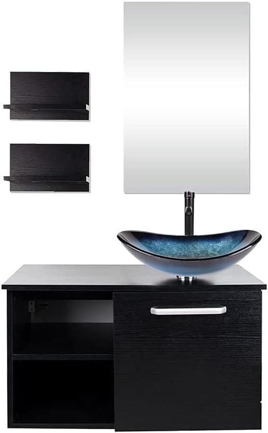 YOURLITE 28" Wall Mounted Bathroom Vanity Modern Lavatory Wood Cabinet with Mirror Blue Boat Tempered Glass Sink Combo Vanities Set