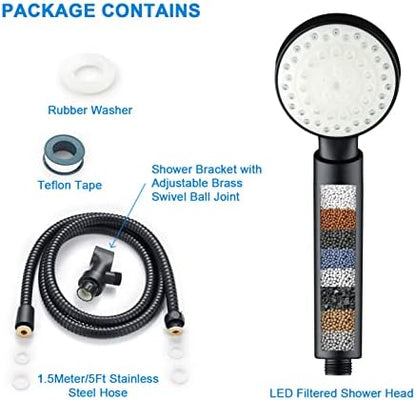 Black Shower Head Filtered Led Showerhead 7 Color Light Change Automatically Filter Filtration Handheld for Dry Skin & Hair