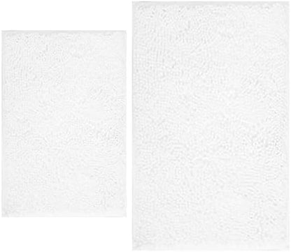 BOANKODU White Bathroom Rugs Sets 2 Piece, Soft Chenille Bath Mat Absorbent Bathroom Rug, Bathroom Mat with PVC Non-Slip Bottom, Machine Washable Bath Rugs (32x20 Inch + 24x16 Inch, White)
