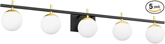 Ralbay Mid Century Modern Bathroom Vanity Light Fixture 5 Light Milky Glass Globe Modern Bathroom Light Fixture Over Mirror, Black/Golden 5 Light