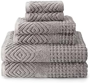 Texere 100% Organic Cotton Diamond Jacquard 700 GSM Luxury Bath Towel Sets - 2 Ultra Soft, Large Bath Towels, 2 Hand Towels, 2 Washcloths (Diamond, Cathedral Gray, 6 Piece)