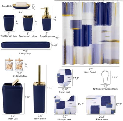 XLHOMO Bathroom Set - Navy Blue and Gold Bathroom Accessories Set, Bathroom Sets with Shower Curtain and Rugs, Blue Shower Curtain Set with Bathroom Trash Can, Soap Dispenser,Soap Dish for Home Decor