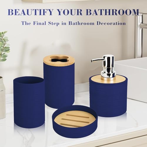 4Pcs Navy Blue Bathroom Set, Soap Dispenser, Dish & Bamboo Holder, Rustic